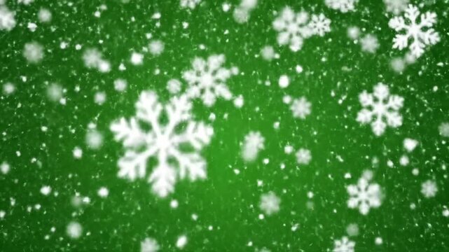 White snowflakes falling on a festive green background