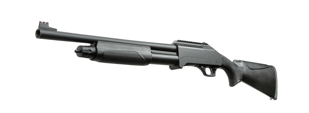 Modern black pump-action shotgun isolated on white background.