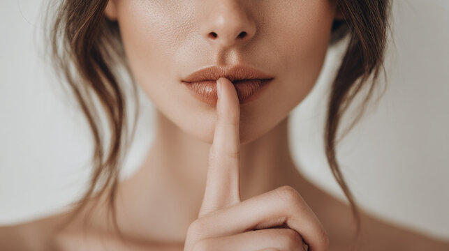 Woman's lips with finger on mouth shushing gesture close-up shot expression close-up