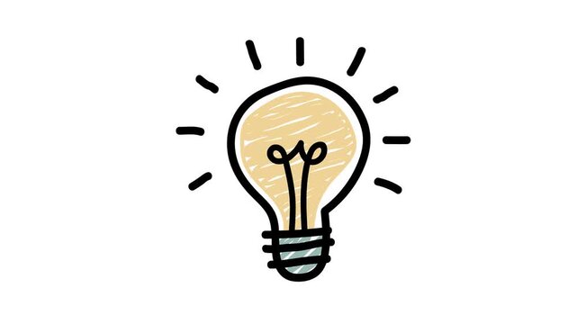 Hand drawn light bulb idea symbol appearing on clean white background, minimal creativity concept with warm yellow sketch texture and copy space