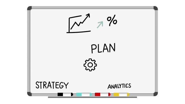 Hand drawn business planning concept on whiteboard with charts, strategy notes, pie graph, growth arrows, analytics doodles and colorful markers