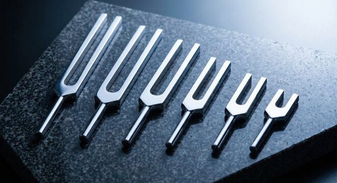 Chrome tuning forks in size progression on granite