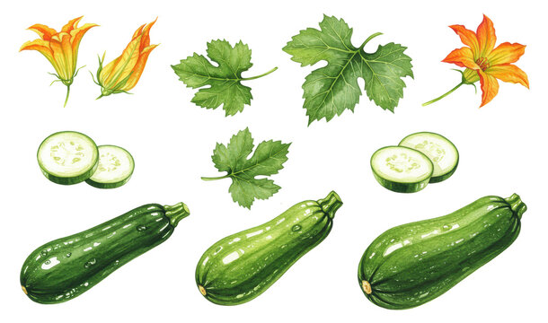 Watercolor illustrations of zucchini with leaves, and flowers on transparent background. Set of fresh vegetables for healthy food design, card, poster, textile, menu, book, sticker, packing, label.	
