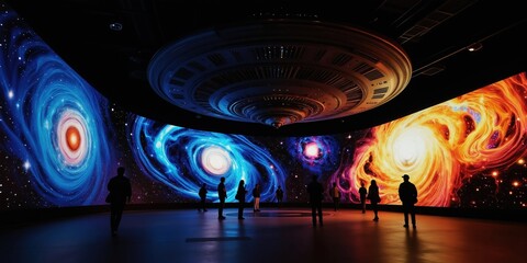 Fototapeta premium People watch immersive space art exhibition with colorful swirling galaxies displayed on large screens. A futuristic disc hangs from ceiling.