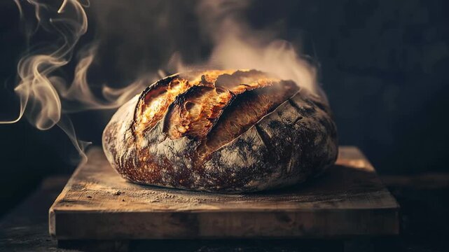 Freshly baked bread rests on a wooden board as steam rises in a warm kitchen setting during the late afternoon hours