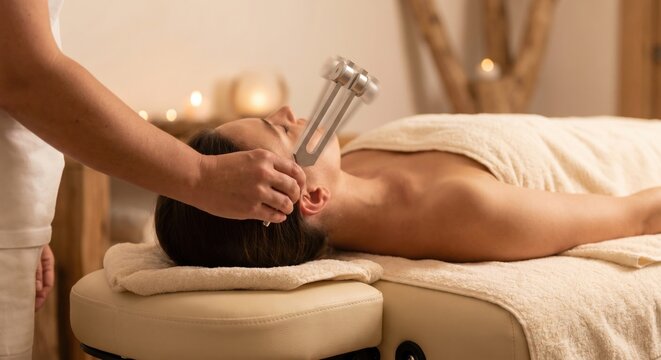 Woman receiving sound healing treatment with tuning fork