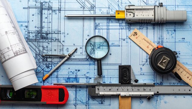 Architectural tools like a ruler, tape measure, and magnifying glass are laid out on a detailed blueprint, showcasing precision planning.