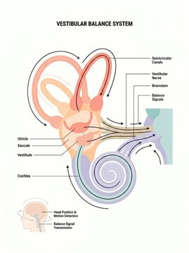 The vestibular balance system anatomy is shown in a detailed infographic.