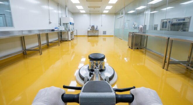 POV operating commercial floor polisher in pharmaceutical lab