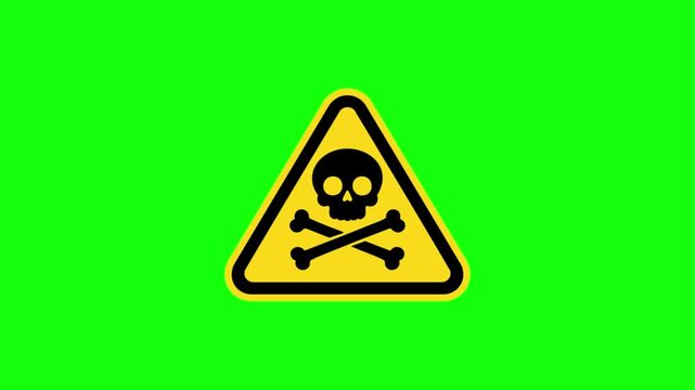 Animated skull and crossbones warning sign on green screen, danger symbol