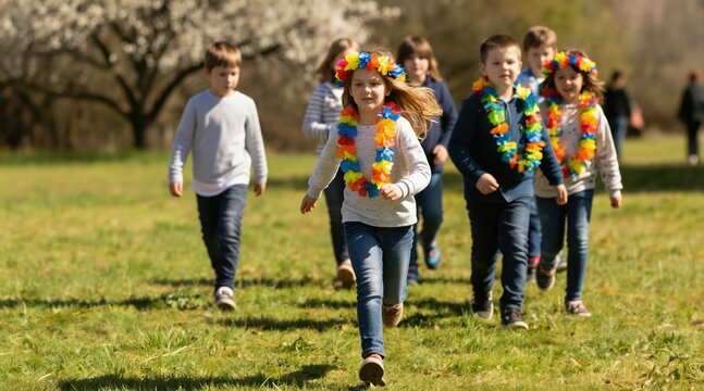 Children wearing flower leis and crowns run across a grassy field near blooming trees. They wear casual jeans and sweaters. The kids are having fun at a spring outdoor festival event.
