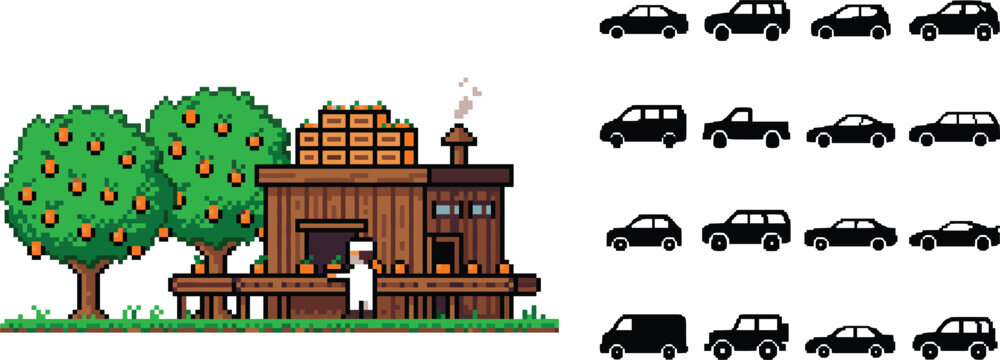 Pixel art fruit stand with orange trees and person combined with car silhouette set for rural and urban design concepts