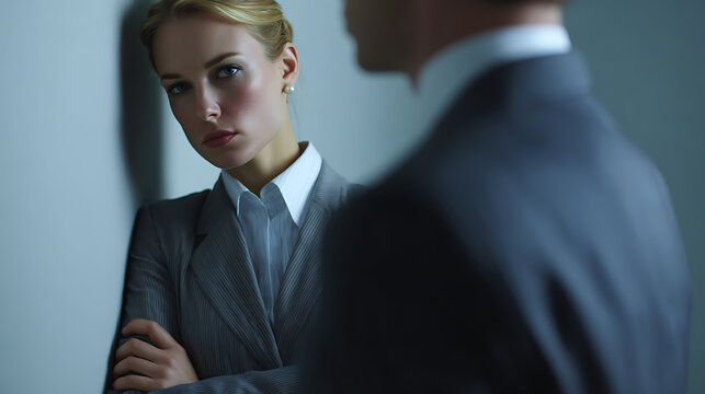 Serious young business woman with blonde hair in professional suit listens attentively to blurred male colleague in a modern corporate setting