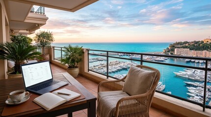 Fototapeta premium Terrace laptop setup with open notebook and marina sea view