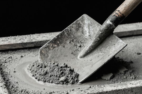 Shovel with gray cement powder and water. Construction work with building material mixing. Heavy tool on concrete dust with dark background.