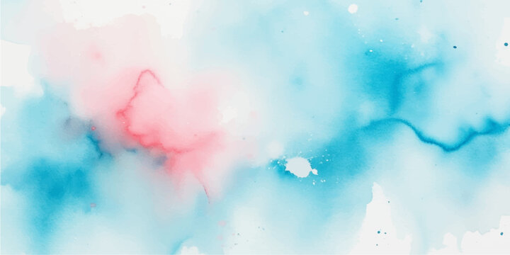Abstract watercolor hand painted background featuring a bright sky and blue sea texture with ink splash clouds on grunge paper art
