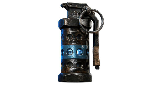 A highly detailed and textured digital illustration of a metallic futuristic stun grenade, featuring complex mechanical parts isolated on a clean white background for professional game asset use.