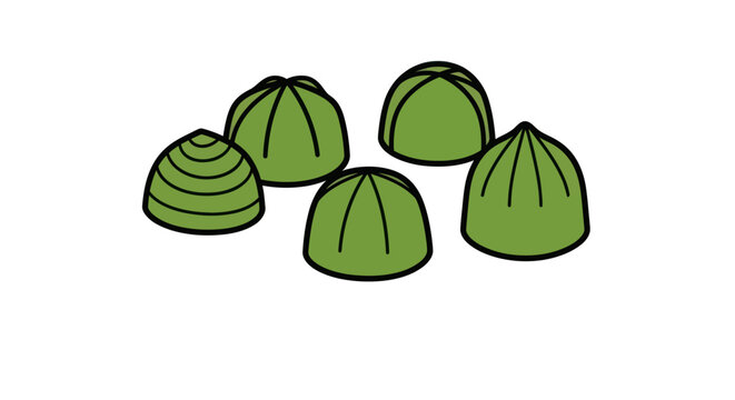 Five green barnacles isolated on a white background.