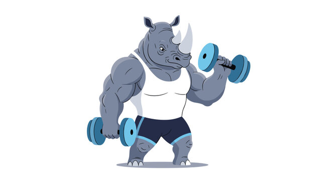 Strong rhinoceros character performing bicep curls with blue dumbbells while wearing athletic gear for a gym concept.