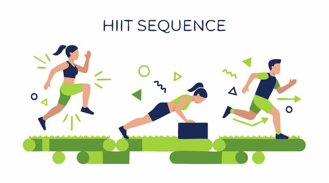 Dynamic HIIT sequence with flat design figures for high intensity interval training workout routine.