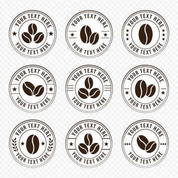 Set of vintage circular coffee logo badges with coffee beans and customizable text for cafe branding or packaging design