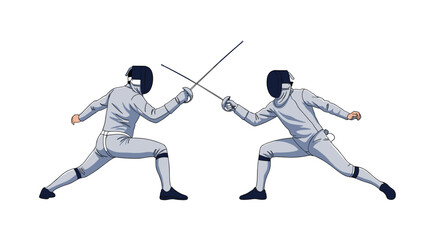 Obraz premium Two professional fencers wearing white protective gear and masks while engaging in a competitive duel with foils.