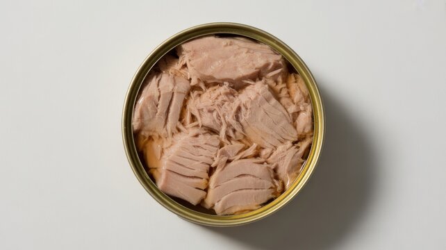 Open tin can of tuna chunks isolated on white background