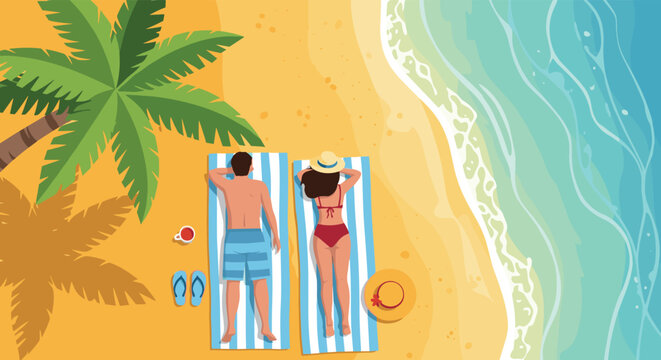 High angle view of a couple sunbathing on striped towels at a beautiful beach with turquoise ocean water nearby.