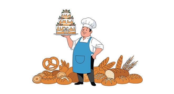 Proud baker in a white uniform holding a large tiered wedding cake surrounded by piles of fresh artisanal bread.