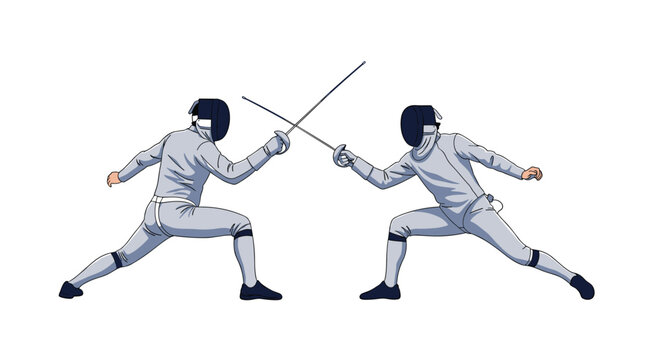 Two professional fencers wearing white protective gear and masks while engaging in a competitive duel with foils.
