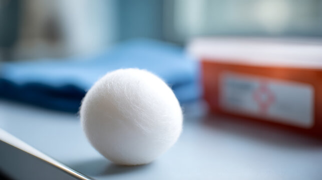 Close-up of a perfectly round, soft white cotton ball, positioned on a clean, light blue surface with blurred medical items in the background