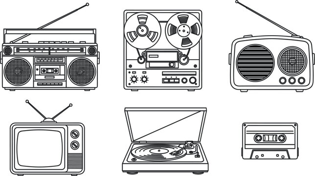 Retro media technology collection with television radio cassette player and turntable vector illustration set