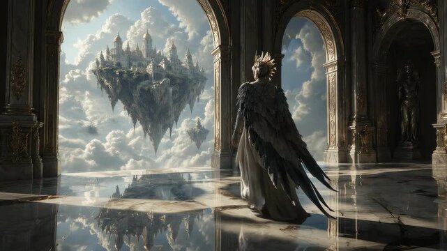 A majestic winged figure stands in a grand marble hall, looking out at a breathtaking floating island kingdom suspended in the clouds, creating an epic atmosphere of fantasy and wonder.