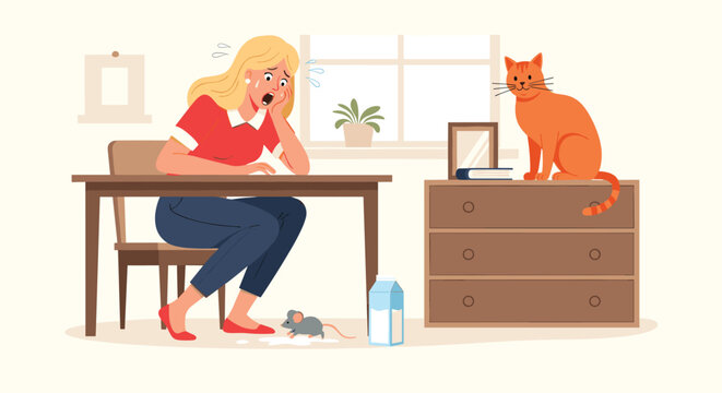 Scared woman reacting to a mouse on her kitchen floor while her cat sits on a dresser and watches the scene.