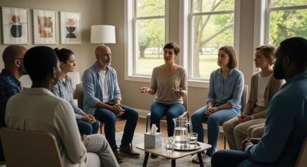 Obraz premium A group of seven people sit in a circle in a bright, airy room. A woman in a gray sweater gestures animatedly while speaking to the others.
