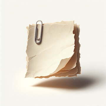 Torn beige paper note with textured edges and metal paperclip isolated.