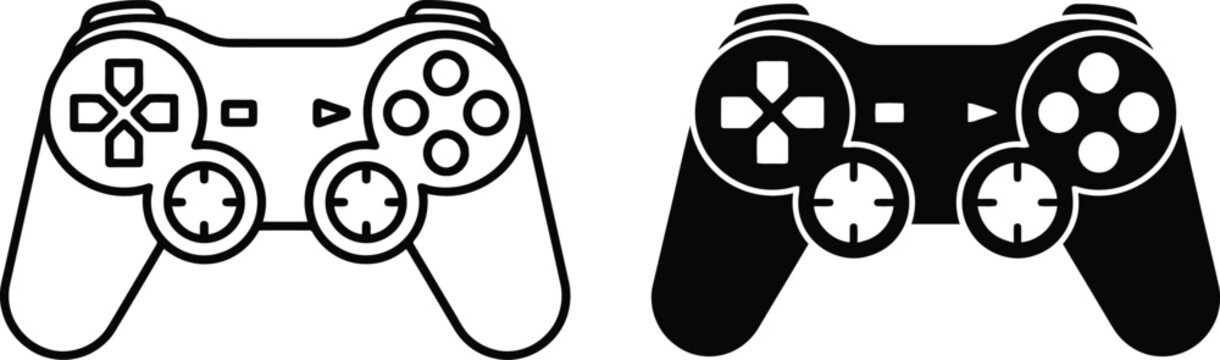 Gaming gamepad icons, play station, game controller icon in flat and line style, joystick console with directional pad