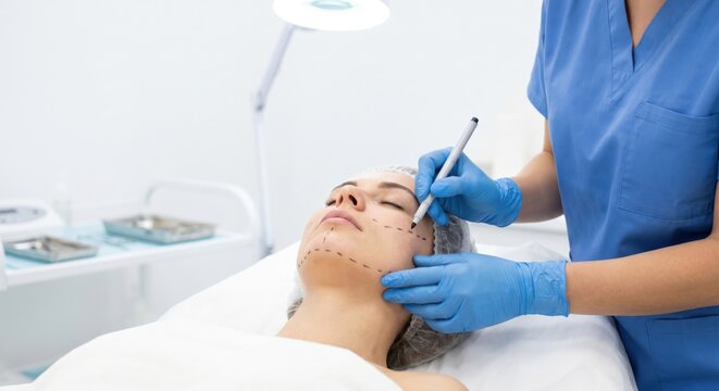 Aesthetician marking patient's face for thread lift procedure