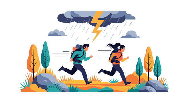 Two hikers with backpacks running through a forest during a heavy thunderstorm with lightning and rain to find shelter.