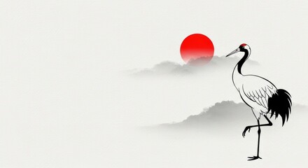 Fototapeta premium Red sun rising behind mountains with black and white crane standing in watercolor style illustration perfect for cultural designs