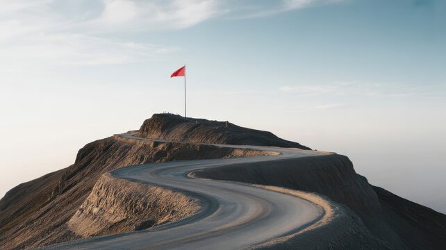Winding mountain road leading to a red flag at the summit representing success and goal