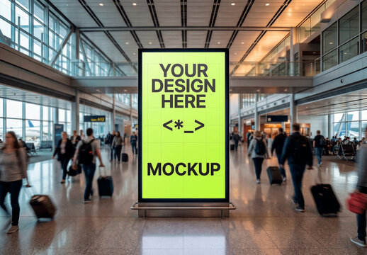 Vertical Billboard In Bright Clean Airport Interior Mockup