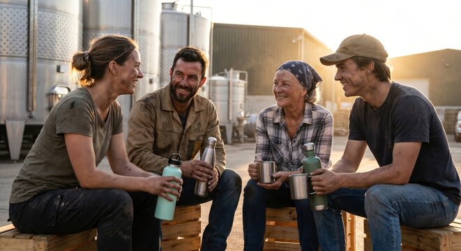 Winery workers taking a break by fermentation tanks at sunset
