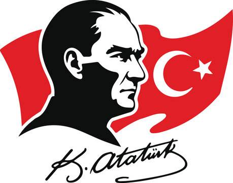 mustafa kemal atat&uuml;rk portrait with turkish flag crescent and star vector illustration .

