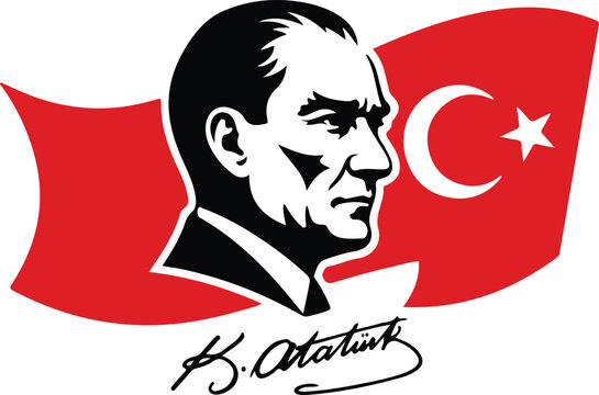 mustafa kemal atat&uuml;rk portrait with turkish flag crescent and star vector illustration .


