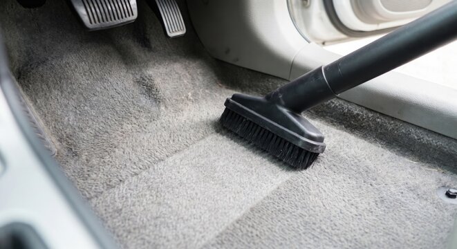 Vacuuming car interior carpet with brush attachment