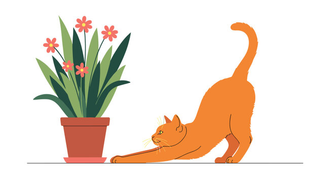 Cute orange cat performing a deep stretch on the floor next to a terracotta pot with many blooming pink spring flowers.