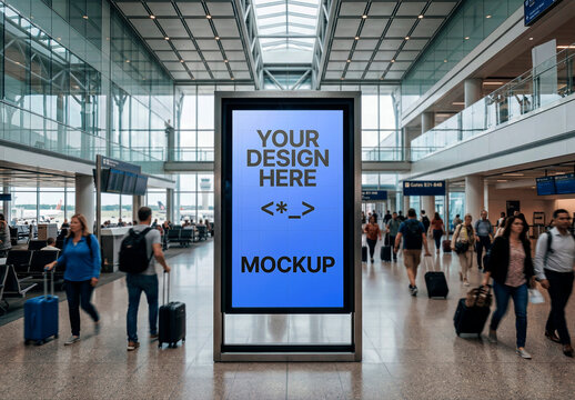 Vertical Billboard In Bright Clean Airport Interior Mockup