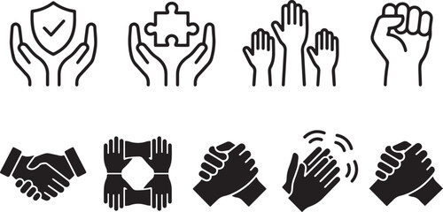 Fototapeta premium Community Support and Solidarity Hand Gesture Icons Set with Unity Equality and Human Rights Symbols