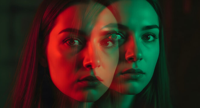 Young woman with dual colored lighting effect on serious expression in dark background